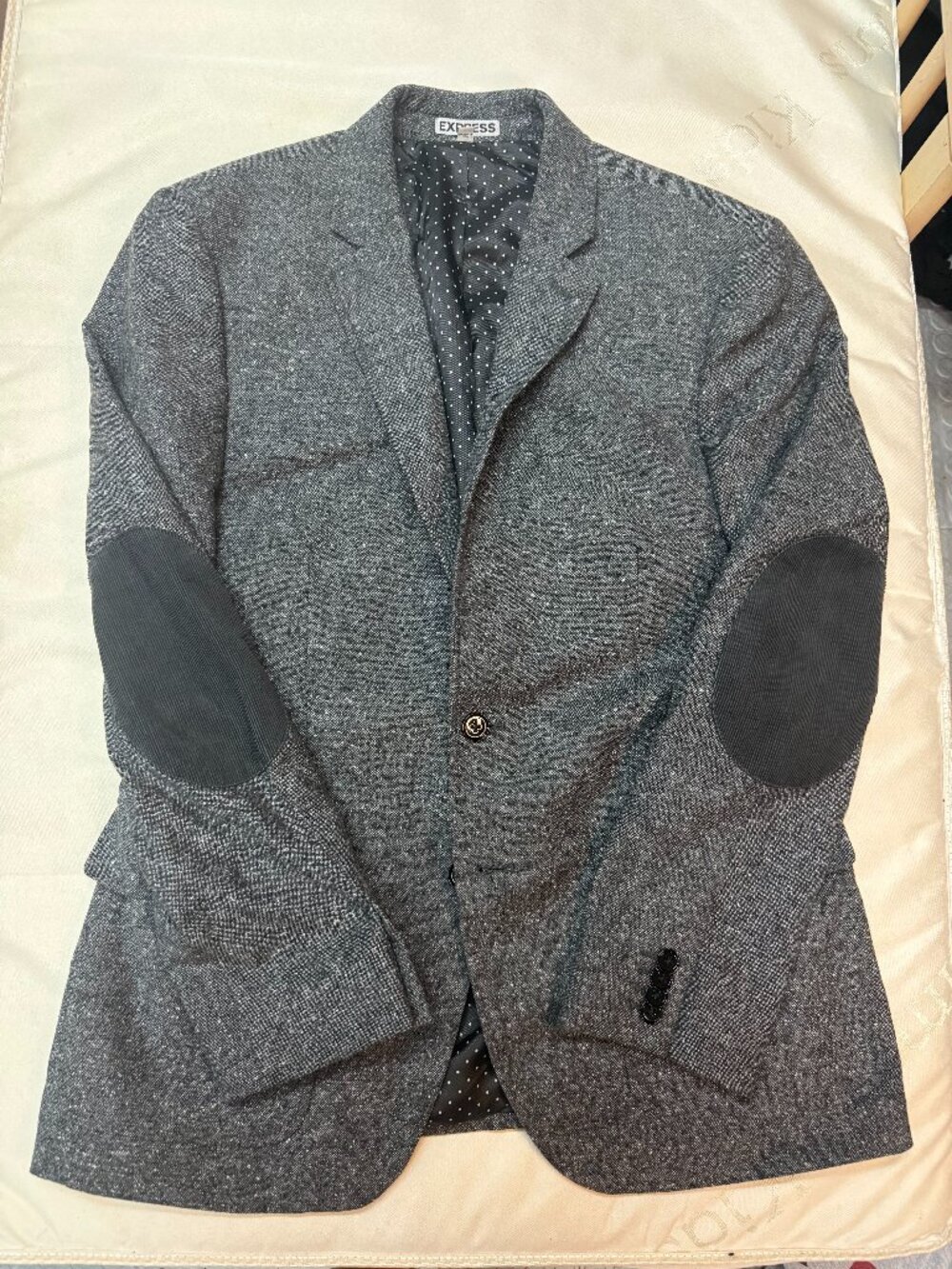 Express Photographer Fitted Blazer Grey Tweed Elbow Patches 38S